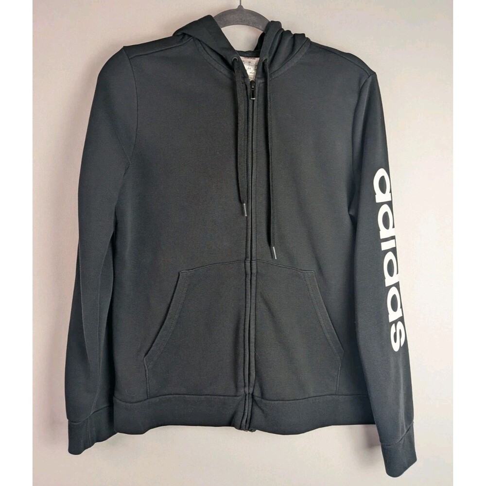 Adidas Essential Hoodie Womens L Large Black Logo Gym Full Zip Pockets